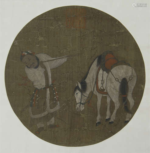 CHINESE ROUND FAN PAINTING OF HORSE AND MAN