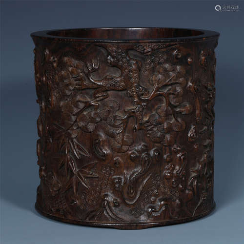 CHINESE HARDWOOD CARVED BRUSH POT