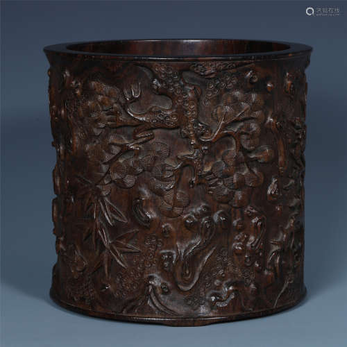 CHINESE HARDWOOD CARVED BRUSH POT