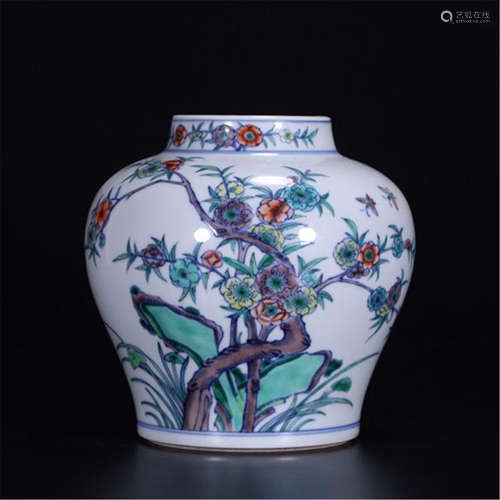 CHINESE PORCELAIN DOUCAI FLOWER AND ROCK JAR