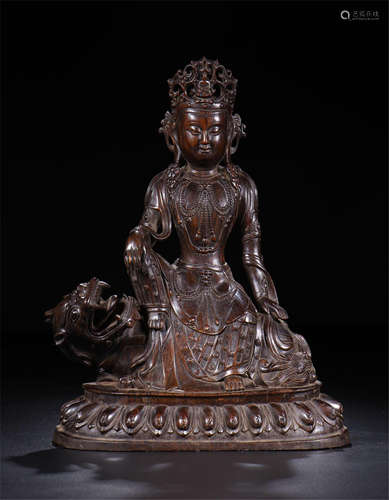 CHINESE AGALWOOD SEATED GUANYIN ON BEAST