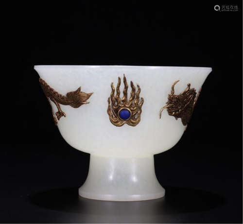 CHINESE GILT SILVER DRAGON WHITE JADE STEM CUP