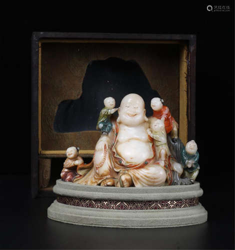 CHINESE COLOR PAINTED SOAPSTONE BUDDHA WITH BOYS