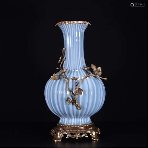 CHINESE SILVER MOUNTED PORCELAIN BLUE GLAZE VASE