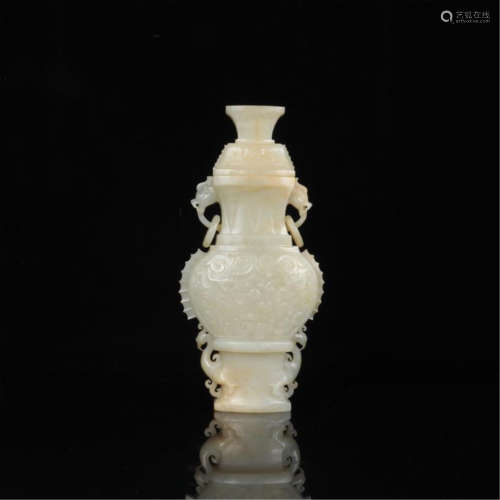 CHINESE JADE DRAGON HANDLE LIDDED VASE