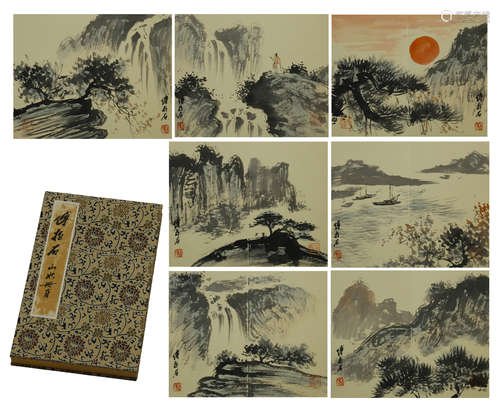 SEVEEN PAGES OF CHINESE ALBUM PAINTING OF MOUNTAIN VIEWS