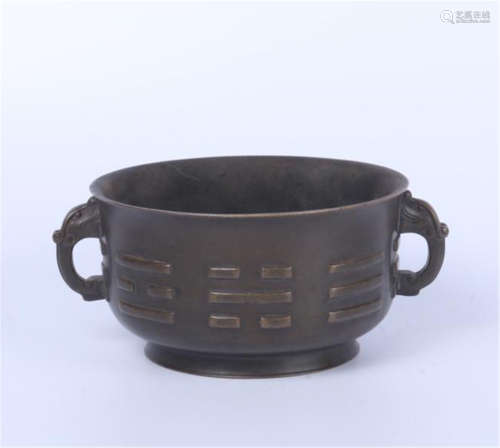 CHINESE BRONZE DRAGON HANDLE ROUND CENSER