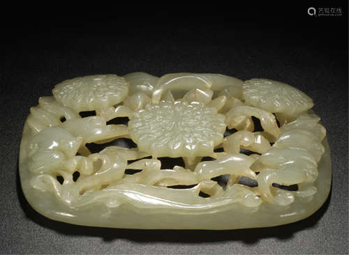 CHINESE CELADON JADE FLOWER PLAQUE