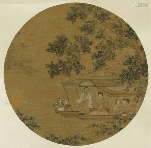 CHINESE ROUND FAN PAINTING OF BEAUTY ON BOAT