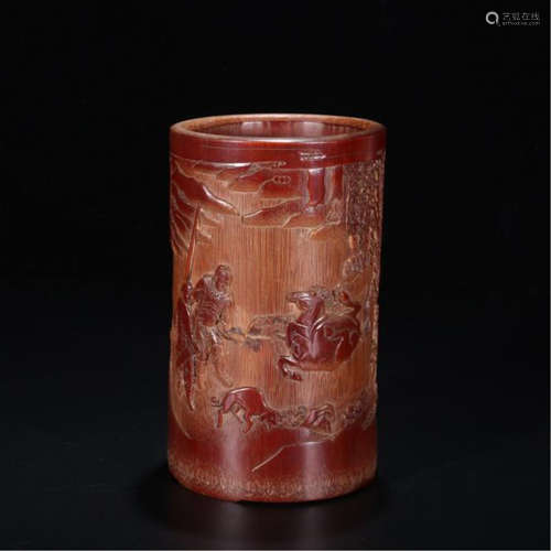 CHINESE BAMBOO CARVED HORSE MAN BRUSH POT