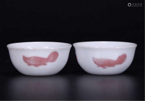 PAIR OF CHINESE PORCELAIN RED UNDER GLAZE FISH CUPS