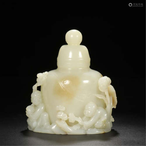 CHINESE CELADON JADE BOY PLAYING LIDDED VASE