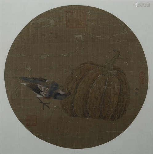 CHINESE ROUND FAN PAINTING OF BIRD AND MELON