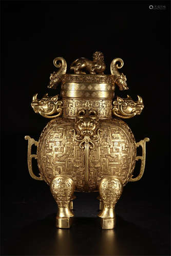 CHINESE GILT BRONZE LIDDED FOUR FEET CENSER