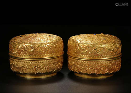 PAIR OF CHINESE GILT BRONZE FLOWER LIDDED BOXES