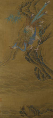 CHINESE SCROLL PAINTING OF PHOENIX ON ROCK