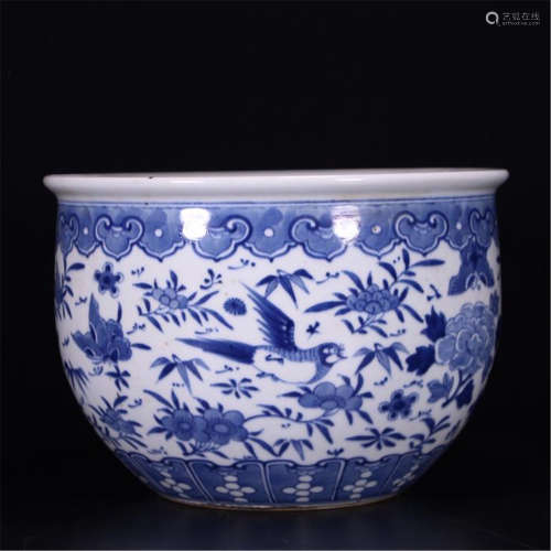 CHINESE PORCELAIN BLUE AND WHITE BIRD AND FLOWER FISH BOWL