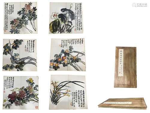 SIX PAGES OF CHINESE ALBUM PAINTING OF FLOWER WITH CALLIGRAPHY