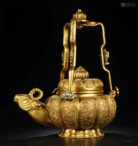 CHIENSE GILT BRONZE OX HEAD TEA POT WITH TRIPLE HANDLE