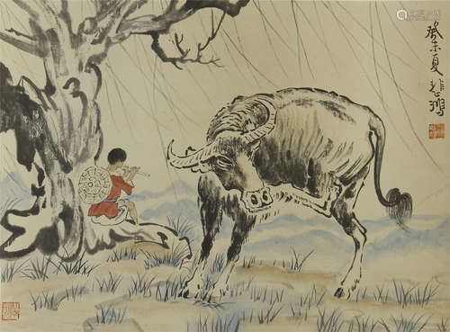 CHINESE SCROLL PAINTING OF BOY AND OX UNDER TREE