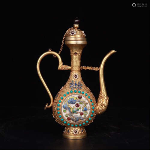 CHINESE GEM STONE INLAID GILT SILVER LIDDED KETTLE