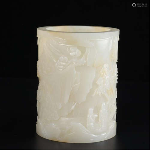 CHINESE WHITE JADE MEN IN MOUNTAIN BRUSH POT