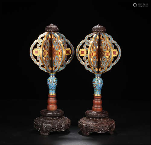 PAIR OF CHINESE HARDWOOD ZITAN CLOISONNE BUDDHIST RITAL VESSELS