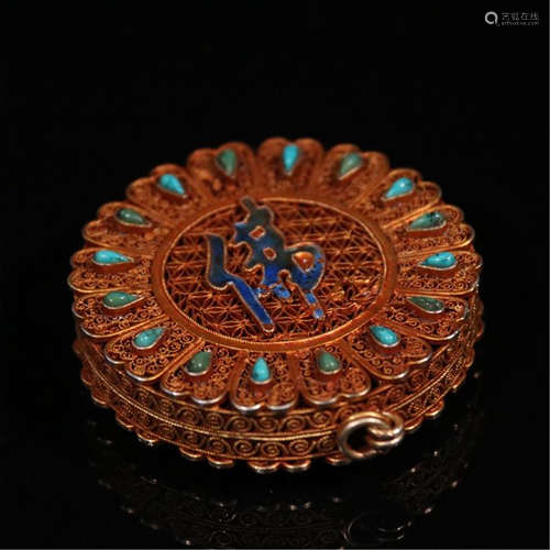 CHINESE TURQUOISE INLAID GILT SILVER LIDDED BOX