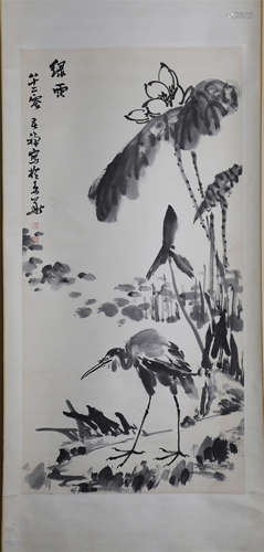 CHINESE SCROLL PAINTING OF CRANE AND LOTUS