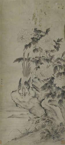 CHINESE SCROLL PAINTING OF FLOWER AND ROCK