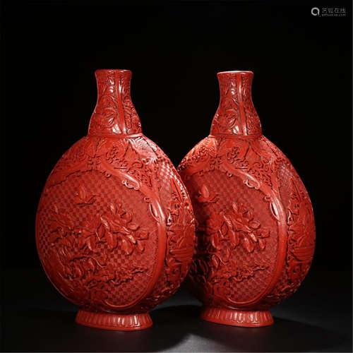 PAIR OF CHINESE CINNABAR FLOWER MOONFLASKS