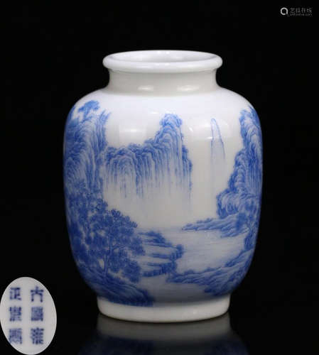 A WHITE&BLUE GLAZE LANDSCAPE PATTERN JAR