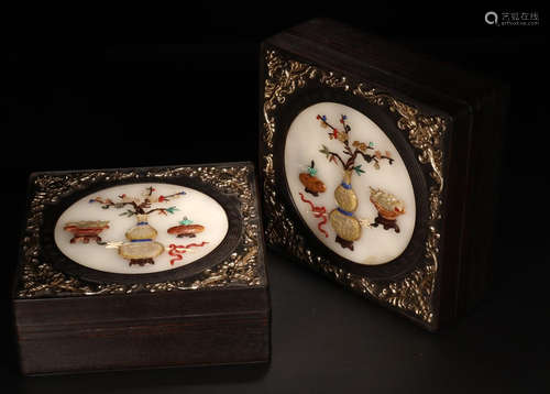 PAIR ZITAN WOOD GEM DECORATED GOURD PATTERN BOX