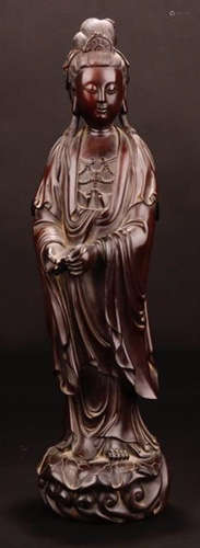 A ZITAN WOOD CARVED GUANYIN BUDDHA