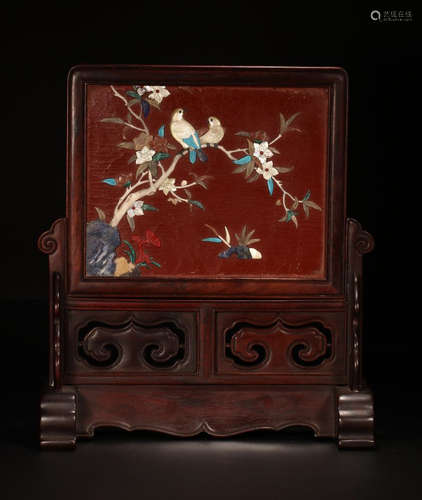 A LACQUER WOOD GEM DECORATED BIRD PATTERN SCREEN