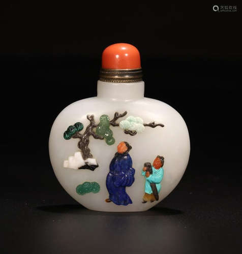 A HETIAN JADE CARVED STORY PATTERN SNUFF BOTTLE