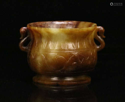 A HETIAN JADE CARVED LOTUS PATTERN DOUBLE EAR CENSER