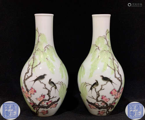 PAIR ENAMELED GLAZE STORY PATTERN VASE