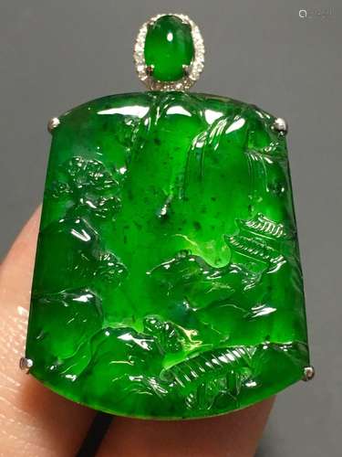 A GREEN JADEITE CARVED LANDSCAPE PENDANT, TYPE A