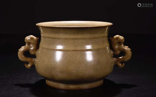 A GUANYAO BRONZE GLAZE DOUBLE EAR CENSER