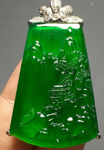 A GREEN JADEITE CARVED LANDSCAPE PENDANT, TYPE A