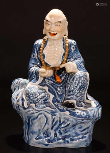 A WHITE&BLUE GLAZE LUOHAN BUDDHA