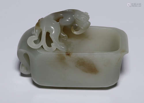 WHITE HETIAN JADE & COLOR TIGER PATTERN SQUARE CUP