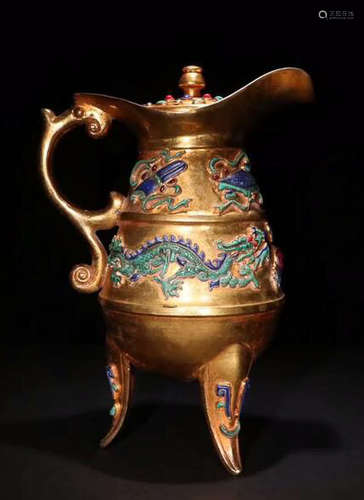 COPPER GILT EMBEDDED GEM WINE POT