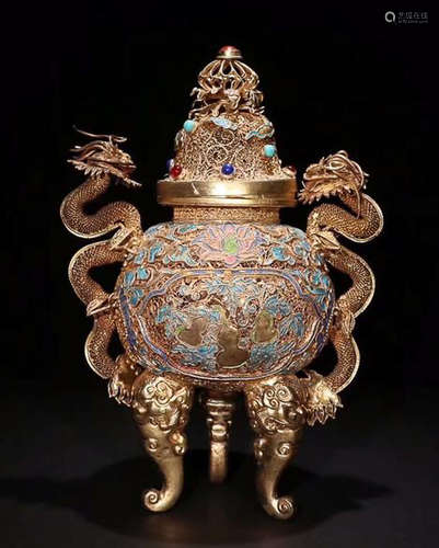 ROYAL STYLE SILVER GILT BURNING BLUE DOUBLE DRAGON EAR CENSER