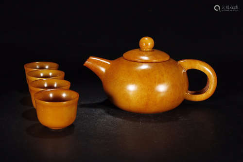 YELLOW HETIAN JADE TEA POT & CUP SET FOR 5