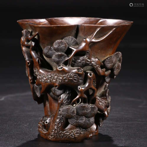 HUANGYANG WOOD CARVED PINE PATTERN CUP