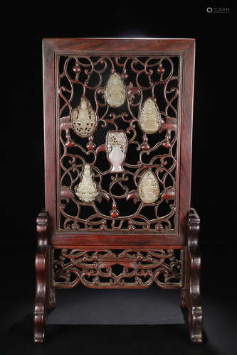 HUANGHUALI WOOD EMBEDDED HETIAN JADE SONG ZI GUAN YIN TABLE PLAQUE