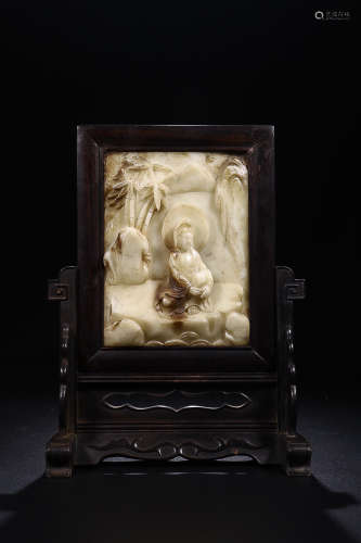 SUANLI WOOD EMBEDDED WHITE HETIAN JADE GUANYIN TABLE PLAQUE