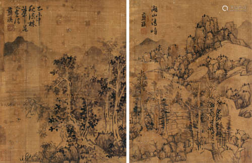 蓝瑛 1655年作 湖山清峙 法楳华道人画法 镜片 （两帧） 水墨绢本